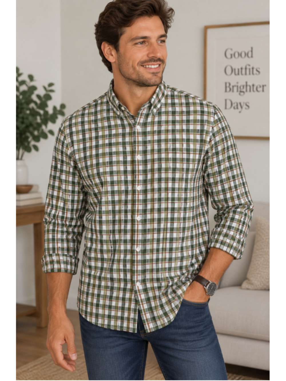 Linea Uomo Casual Button Down Shirt Green White Plaid Men’s Big and Tall 3XLT